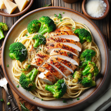 espagueti alfredo con pollo y brocoli